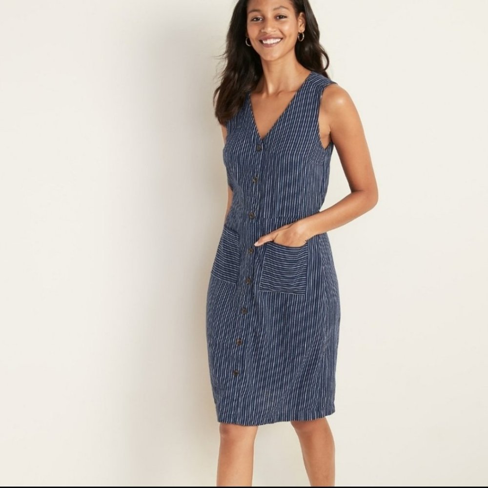 Old Navy Sleeveless Striped Linen-Blend Fit & Flare Dress in Navy Stripe